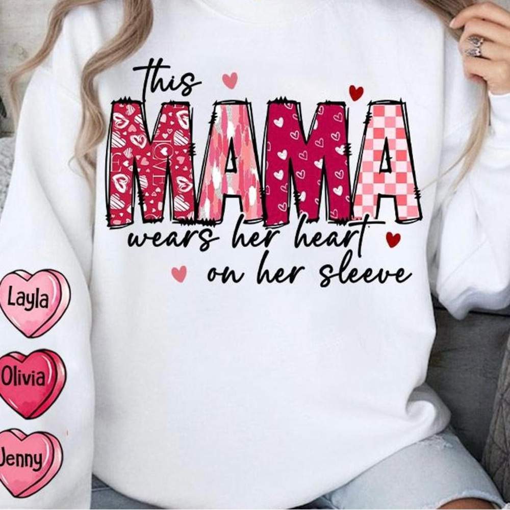 Gildan White Crew Neck Sweater with Pink and Red Graphic